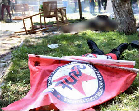 Bodies of Kurdish activists lie on the ground in Suruc, Turkish Kurdistan