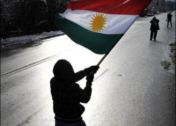 A Syrian immigrant waves a Kurdish flag
