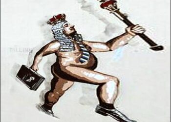 Naked emperor carrying the dollar briefcase