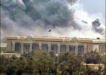 Al Bairaq palace, AKA Project 2000 under US bombardment. Smoke billows from an explosion in Iraqi President Saddam Hussein's guest palace bombed during a coalition air raid on March 31, 2003. Photo: AFP