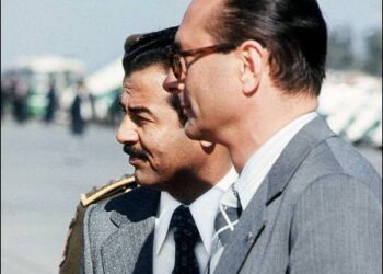 Iraq's Vice President, Saddam Hussein, the passionate advocate of a secular socialist Iraq with ally, Jacques Chirac – red carpet treatment, Baghdad, 1976. Photo: AFP