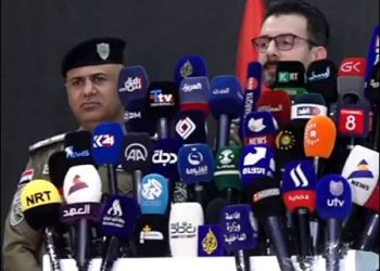 The Kurdistan Regional Government KRG interior ministry spokesperson Hemin Mirany (right) and Iraqi interior ministry spokesperson Muqdad Meeri during a press conference in Baghdad on July 1, 2024. Photo: Rudaw TV
