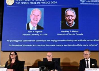 John J Hopfield and Geoffrey E Hinton are awarded 2024's Nobel Prize in Physics, which is announced at a press conference by Hans Ellegren (centre), Secretary General at the Swedish Academy of Sciences, Stockholm, Sweden October 8, 2024. Photo: TT News Agency/via Reuters