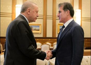 Iraqi Kurdistan President Nechirvan Barzani (right) shakes hands with Turkish President Recep Tayyip Erdogan, Ankara, October 16, 2024. Photo: Nechirvan Barzani's Press Office/via iKurd.net