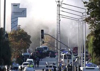 Smoke rises from the headquarters of Turkish state-run aviation company TUSAS, Turkish Aerospace Industries (TAI) campus, near Kahramankazan, a town of Turkish capital Ankara on October 23, 2024. PKK claimed responsibility for the attack. Photo: IHA/via Reuters
