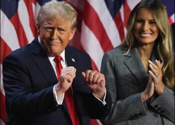 Donald Trump dances as Melania Trump looks on, following his speech on the early results of the 2024 U.S. presidential election at the Palm Beach County Convention Center in West Palm Beach, Florida, on November 6, 2024. Photo: Reuters
