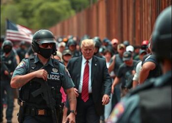 Illustrative composite image: Donald Trump with police officers and Mexican migrants at the U.S.-Mexico border. Photo: iKurd.net/ai
