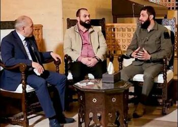 Syria’s Islamist rebel leader, Abu Mohammed al-Golani, who now goes by his real name, Ahmed al-Sharaa (right), met with outgoing Prime Minister Mohammed al-Jalali (left), Damascus, Syria, December 9, 2024. Photo: HTS