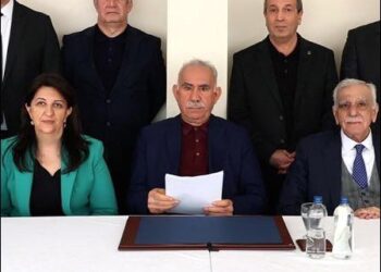 Turkey's jailed Kurdish leader and founder of Kurdistan Workers' Party PKK Abdullah Ocalan (center) with Kurdish lawmakers, February 27, 2025. Photo: ANF