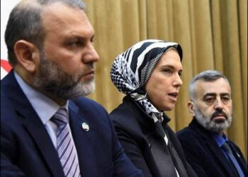 From left: Mustafa al-Moussa, who served in the HTS-affiliated government of the northwest, Houda Atassi, co-founder of International Humanitarian Relief, an NGO and Hassan al-Dughaim, the spokesperson for the preparatory committee of national dialogue, attend a press conference in Damascus, Syria, February 13, 2025. Photo: Reuters