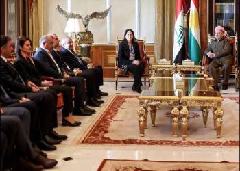 Tribal leader Massoud Barzani (right) with Turkey's Kurdish DEM party delegation, including Pervin Buldan, in Erbil, Iraqi Kurdistan, February 16, 2024. Barzani's Press Office