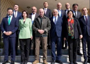 Turkey's Kurdish DEM party delegation including lawmakers Pervin Buldan and Sirri Surya Onder with PUK president Bafel Talabani, Sulaimani, Iraqi Kurdistan, February 18, 2025. Photo: Talabani's Press Office