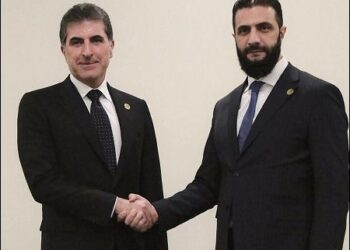 Iraqi Kurdistan Region President Nechirvan Barzani (left) shakes hands with Syria’s interim Islamist president, Ahmed al-Sharaa, also known as Abu Mohammed al-Golani, Antalya, Turkey, April 12, 2025. Photo: Kurdistan presidency