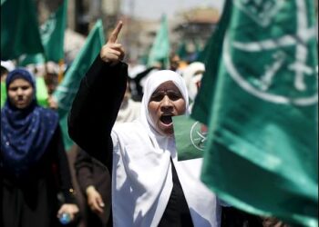 Pro-Muslim Brotherhood protesters from the Islamic Action Front wave their party and Muslim Brotherhood flags and shout slogans during a protest in support of Palestinians, Jordan, 2015. Photo: Reuters