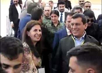 General Mazloum Abdi Kobani (right), the chief commander of the Syrian Democratic Forces SDF,  the de facto army of the autonomous Kurdish administration in Syrian Kurdistan (Rojava), arrives at Kurdish unity conference, Qamishlo city, Rojava Kurdistan, April 26, 2025. Photo: ANF/video