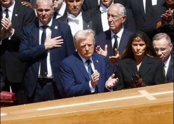 The coffin of Pope Francis is carried in front of dignitaries, including US President Donald Trump in the Vatican, 26 April 2025. Photo: AP