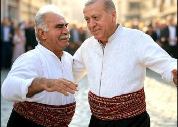 The dance of death. Illustrative image of Turkish President Recep Tayyip Erdogan (right) dancing with Kurdish leader and founder of Kurdistan Workers' Party PKK Abdullah Ocalan, 2025. Photo: iKurd.net/AI