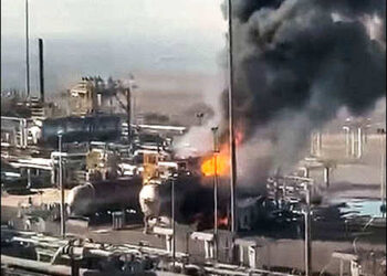 Plumes of smoke and fire billow from an oil facility operated by DNO in the Peshkhabour region of Zakho in Iraqi Kurdistan, following a drone attack on Wednesday, July 16, 2025. Photo: Kurdish security forces