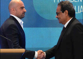 Mohamed Farid Saad Zahran (right), an Egyptian social democratic politician and former president of the Social Democratic Alliance in the Arab World, congratulates PUK party leader Bafel Talabani after he was named president of the Alliance (SDAAW) in Sulaimani city, Iraqi Kurdistan, on August 30, 2025. Photo: Talabani's press office.