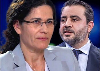 A composite image of Elham Ahmed (left) a senior Syrian Kurdish official and co-head of the Foreign Relations Department in the Democratic Autonomous Administration of the North and East Syria, Syrian Kurdistan (Rojava) and Syrian Foreign Minister Asaad al-Shaibani, 2025. Photo: iKurd.net/Rudaw TV/WEF