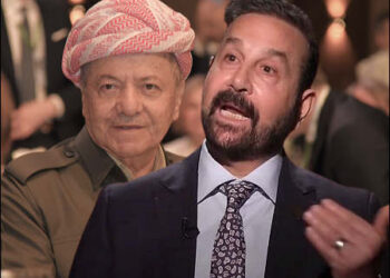 A composite image showing Jamal Mustafa—Saddam Hussein’s son-in-law and husband of Hala Saddam (right), and Massoud Barzani in the background (left), 2025. Photo: iKurd.net/Video still Al Arabiya TV/YT/K24 TV