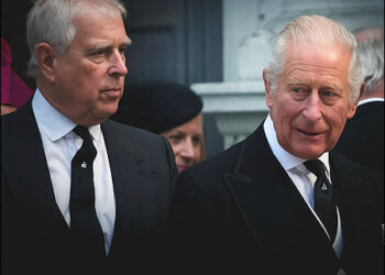 Britain’s Prince Andrew, left, and Britain’s King Charles III leave after the Requiem Mass service for the Duchess of Kent at Westminster Cathedral in London, September 16, 2025. Photo: AP/Enhanced by iKurd.net