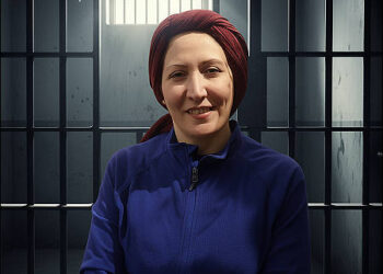 A composite photo showing Sharifeh Mohammadi, a prominent Iranian labor rights Kurdish activist placed inside a jail cell. She is alleged to be a member of the Komala party. 2024. Photo: iKurd.net/X