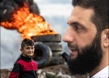 A composite image showing Syria's interim President Ahmed al-Sharaa, also known as Abu Mohammed al-Golani, and Syrian Kurds celebrate the Kurdish New Year Newroz in Qamishlo city in Hasaka province in Syrian Kurdistan (Rojava) on March 20, 2020. Photo: iKurd.net/AFP
