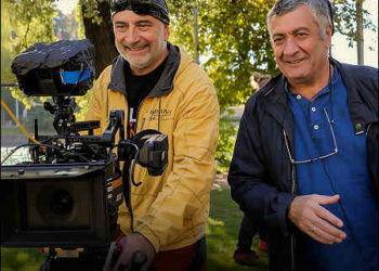 Director Mano Khalil (right), a Syrian-Kurdish filmmaker with Swiss citizenship, on set with his cameraman while filming "Moments", 2025. Photo: Handout to iKurd.net
