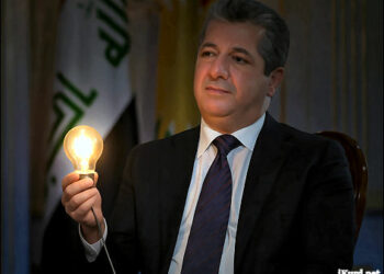 Illustrative image of Masrour Barzani, Caretaker Prime Minister of the Kurdistan Region of Iraq, holding a light bulb, 2025. Photo: iKurd.net/KRG