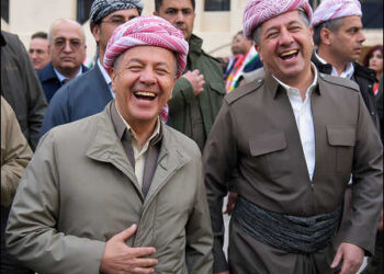 Illustrative image: Tribal leader and KDP head Massoud Barzani, left, with his son, the caretaker prime minister of Iraqi Kurdistan region, 2025. Photo: iKurd.net/ai/K24