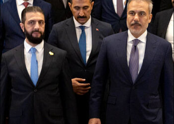 Turkish Foreign Minister Hakan Fidan (right) with Syria's interim president Ahmed al Sharaa, aka Golani, Ankara, Turkey, August 7, 2025. Photo: Fidan's X