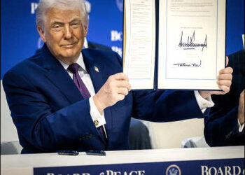 U.S. President Donald Trump holds a signed Charter of the Board of Peace, as he takes part in a charter announcement for his Board of Peace initiative aimed at resolving global conflicts, alongside the 56th annual World Economic Forum (WEF), in Davos, Switzerland, January 22, 2026. Photo: World Economic Forum WEF/via iKurd.net