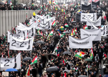 Protest in support of Kurds and against Syrian government Islamist attacks on Syrian Kurdistan (Rojava) in Sulaimani city, Iraqi Kurdistan (Bashur), January 23 2026. Photo: Channel8.com