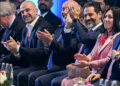 From left: Bafel Talabani, Nizar Amedi, Qubad Talabani, and Sherri Kraham at the Delphi Economic Forum, Sulaimani city, Iraqi Kurdistan, June 7, 2026. Photo: PUK/channel8.com.