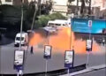 Smoke and fire rise at the site where explosive devices blew up near a hotel where French President Emmanuel Macron was meant to be staying, in Damascus, Syria, July 7, 2026. Photo: Screengrab/video/sm/via iKurd.net.