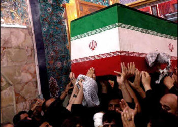 The casket of Iran’s late Supreme Leader Ayatollah Ali Khamenei, who was killed on February 28, 2026 during Israeli and U.S. airstrikes on Iran, is carried inside the Holy Abbasid Shrine in Najaf, Iraq, July 8, 2026. Photo: INA/ina.iq