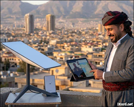 Iraqi Kurdish man starlink internet tablet dish 2026 iKurd net AI