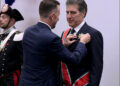Italian Ambassador to Iraq Niccolò Fontana pins the insignia of the Knight Grand Cross of the Order of the Star of Italy, the nation's highest diplomatic honor, onto Kurdistan Region President Nechirvan Barzani during a formal ceremony in Erbil, Iraqi Kurdistan, July 8, 2026. Photo: Screengrab/video/Rudaw/via iKurd.net.
