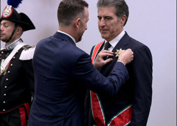 Italian Ambassador to Iraq Niccolò Fontana pins the insignia of the Knight Grand Cross of the Order of the Star of Italy, the nation's highest diplomatic honor, onto Kurdistan Region President Nechirvan Barzani during a formal ceremony in Erbil, Iraqi Kurdistan, July 8, 2026. Photo: Screengrab/video/Rudaw/via iKurd.net.