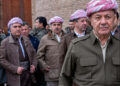 Tribal leader and KDP party head Massoud Barzani, right, stands with his son Masrour, second from right, and Sedar Barzani, also known as Sabah Mirza of Barzani and his aide, third from right, in March 2026, Erbil, Iraqi Kurdistan. Photo: Barzani's Press Office via iKurd.net.