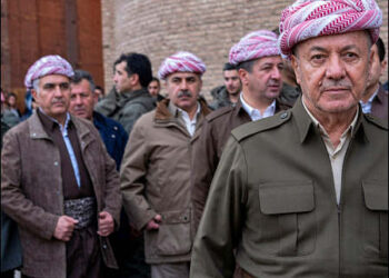 Tribal leader and KDP party head Massoud Barzani, right, stands with his son Masrour, second from right, and Sedar Barzani, also known as Sabah Mirza of Barzani and his aide, third from right, in March 2026, Erbil, Iraqi Kurdistan. Photo: Barzani's Press Office via iKurd.net.
