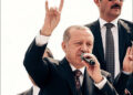Turkish President Recep Tayyip Erdogan salutes crowd with nationalist Grey Wolf sign