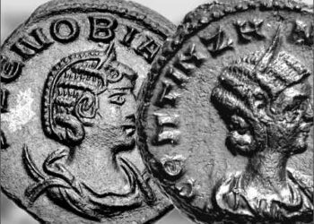 Composite image of Zenobia as empress (Augusta) on the obverse of a coin minted in 272 AD called an Antoninianus or denarii, left, and a tetradrachm bears Zenobia’s bust in a. mint from Alexandria c. 274 AD when she was ruler-conqueror of Egypt 268-272. Photo: Creative Commons/wikimedia/via/iKurd.net